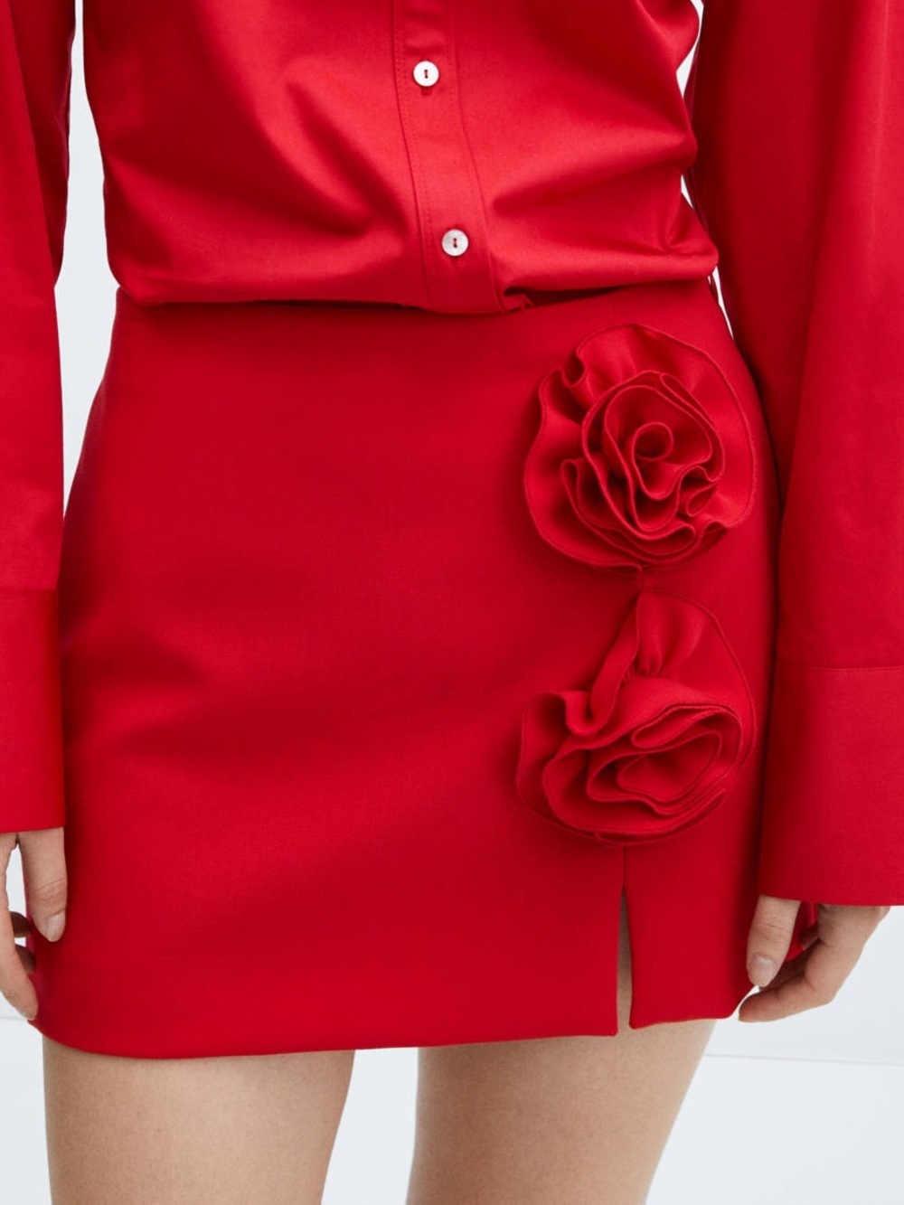 MNG mango Bold Red Mini Skirt with Floral Rosette appliqué feminine date night